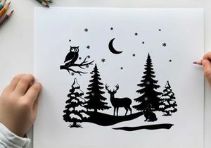 Winter forest silhouette with deer owl and rabbit under moonlight