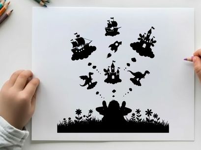Whimsical silhouette of fantasy creatures and ships in the air