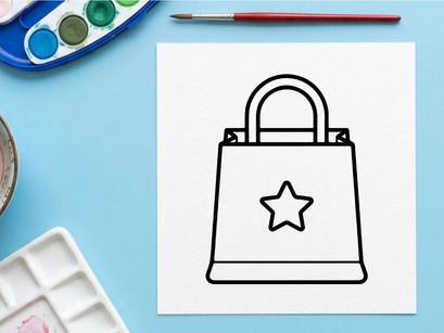 Bolsa de compras 3D blanca con estrella dorada y asa. Icono de tote minimalista para regalos y promociones minoristas y de temporada.