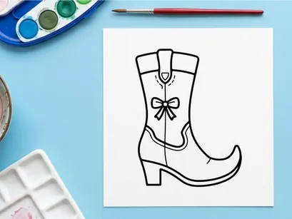 Single black and white cowboy boot illustration. Vintage western footwear sketch with decorative bow for fashion design.
