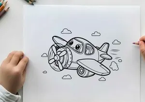Cute cartoon airplane flying in sky vector illustration
