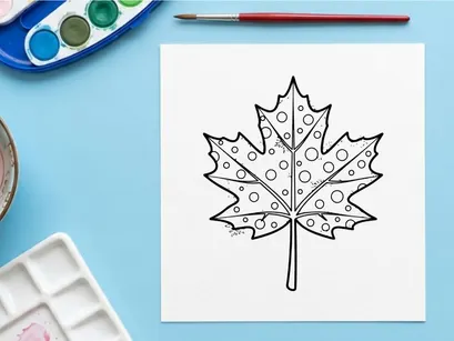 Maple leaf coloring page. Hand drawn autumn foliage outline with decorative circle patterns.