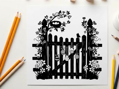 Silhouette of a girl behind a wooden picket fence with flowers