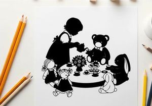 Silhouette of a girl and teddy bear at tea party