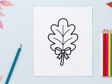 Simple line drawing of a cozy oak leaf with bow. Minimalist botanical illustration for nature-themed designs.