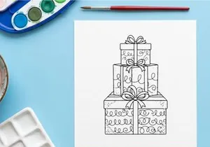 Hand-drawn stacked Christmas gift boxes with ribbons and floral pattern for festive holiday decor