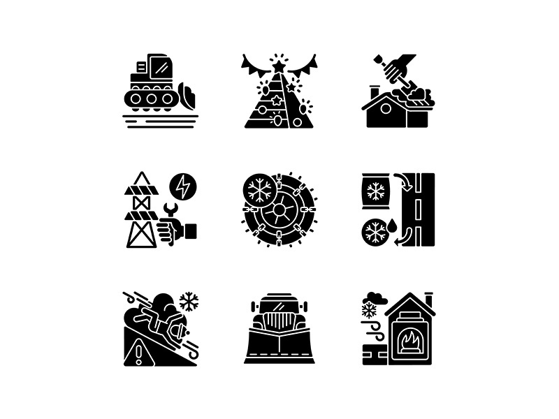 Winter city services black glyph icons set on white space