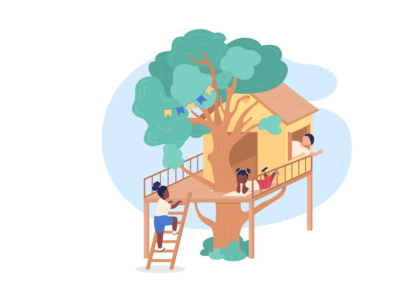 Kids playing on treehouse 2D vector web banner, poster