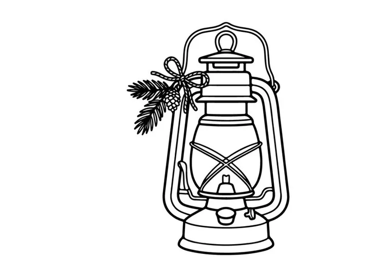 Christmas lantern line art illustration with pine branches and a festive bow