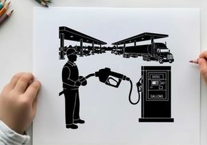Silhouette of a man refueling a large truck at a gas station silhouette