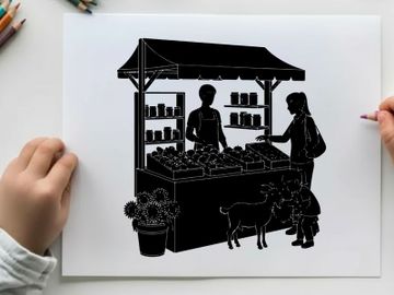 Silhouette of a market stall with vendor and customer preview picture