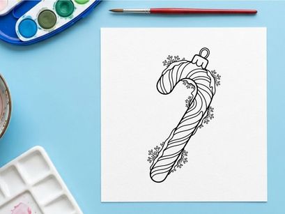 Christmas candy cane ornament line art illustration with snowflakes for holiday coloring page