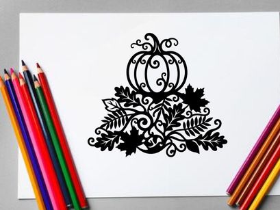 Decorative Halloween Pumpkin with Swirling Design and Leaves