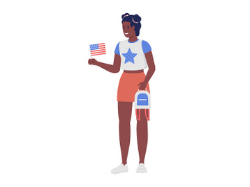 Young woman holding American flag flat color vector character preview picture