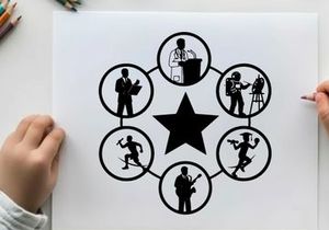 Silhouette of people in various professions around a star