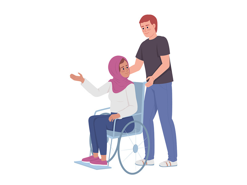 Man assists lady with disability semi flat color vector characters