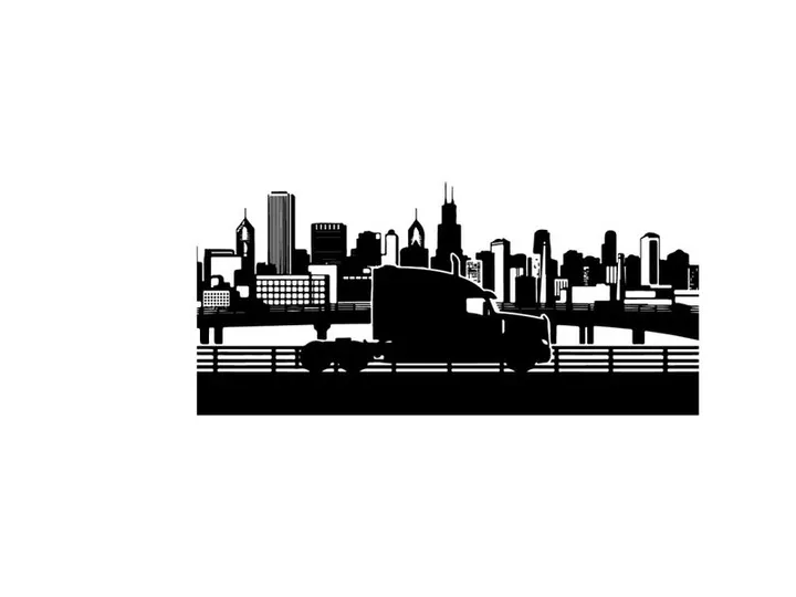 City skyline silhouette with truck on bridge