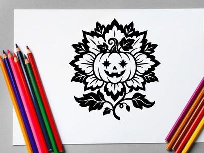 Halloween Pumpkin Face Illustration with Floral Design