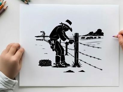 Man in silhouette repairing a fence in a rural landscape