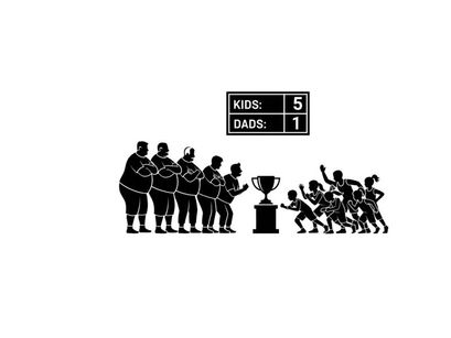 Silhouette of kids versus dads competition with trophy silhouette