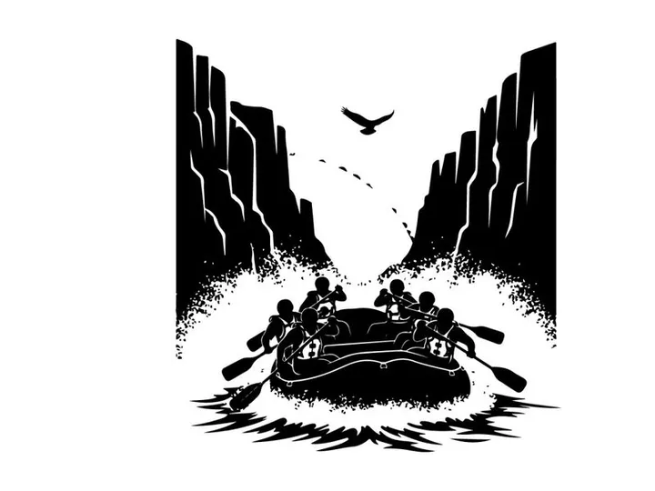 Silhouette of people rafting under a rainbow and flying bird