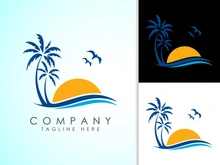 Beach logo design. Sun sunset sunrise with beach ocean sea water logo icon.