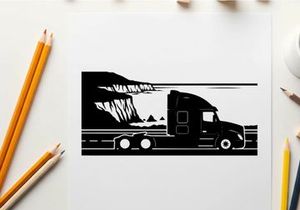Truck silhouette driving on the highway at sunset silhouette
