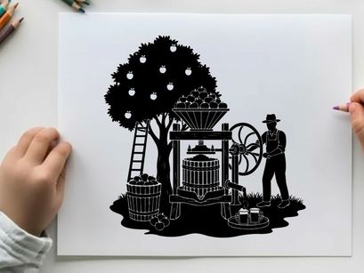 Vintage silhouette of a farmer operating an old fashioned fruit press