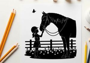 Silhouette of a little girl petting a horse