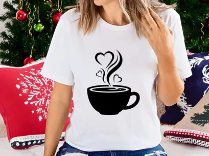 Love heart steam coffee cup romantic black white illustration