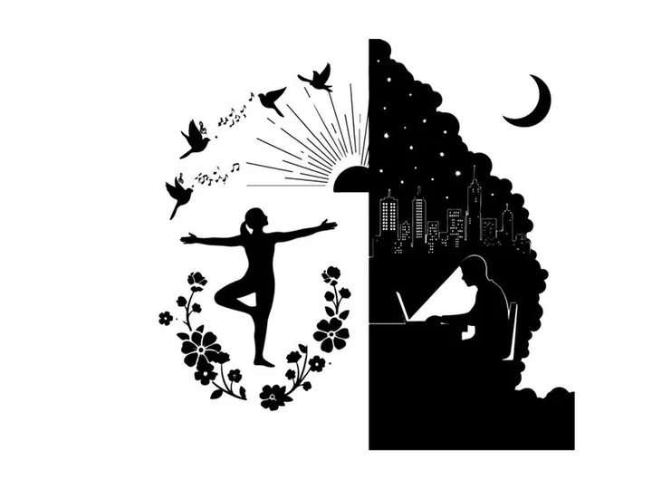 Silhouette of a dancer and a pianist in contrasting environments silhouette