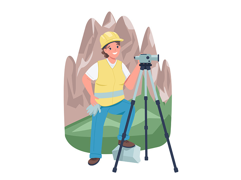 Woman land surveyor near mountains flat color vector detailed character
