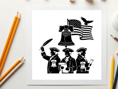 American revolution silhouette with patriotic symbols and founding fathers