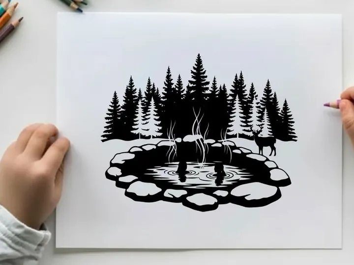 Serene forest scene with silhouette of deer by a pond