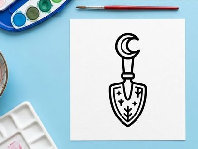 Emblema escudo de Halloween com caveira assustadora e espadas cruzadas. Brasão de fantasia gótica para celebrações sombrias e designs temáticos de horror.