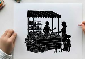 Silhouette of woman and child buying produce at outdoor market stall