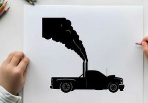 Silhouette of a pickup truck with smoke coming out of the exhaust pipe
