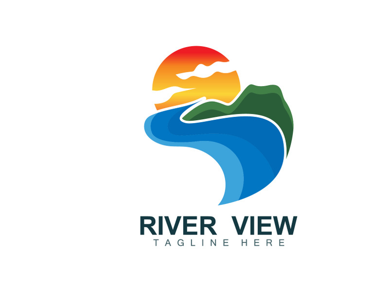 River Logo Design, River Creek Vector, Riverside Illustration With A Combination Of Mountains And Nature, Product Brand