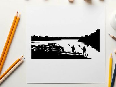 Silhouette of people launching kayaks from a truck by a serene lake