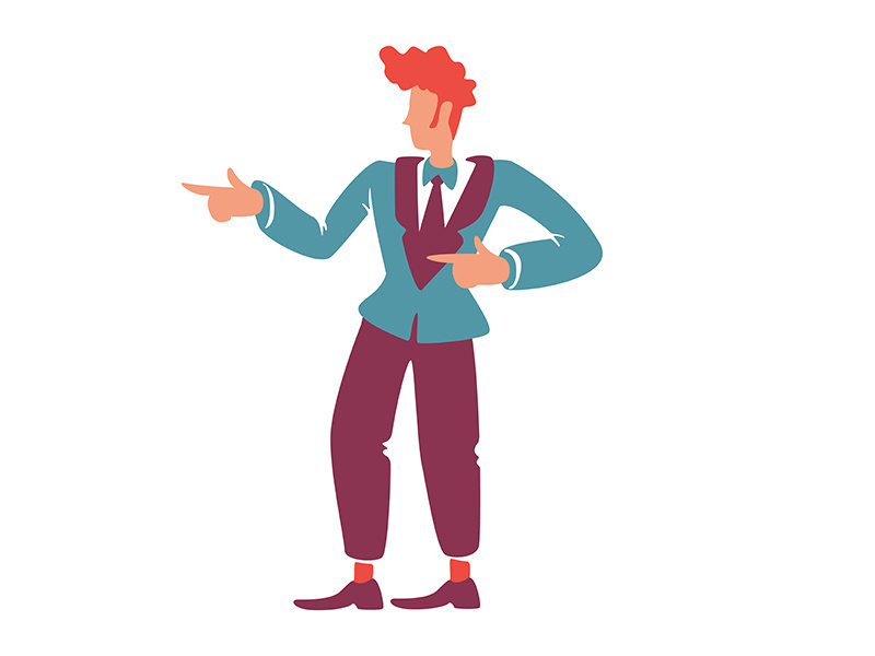 Red haired handsome guy gesturing with finger flat color vector faceless character