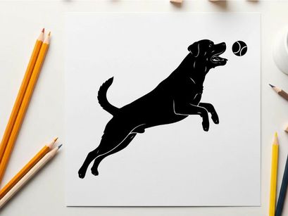 Black silhouette dog jumping for a ball in mid air silhouette