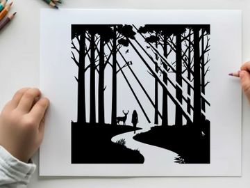 Silhouette of a person and deer in forest preview picture