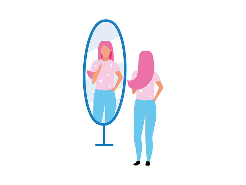 Young woman looking at mirror semi flat color vector character