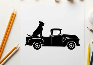 Silhouette of a dog sitting in the back of a vintage pickup truck