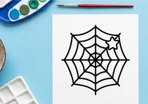 Halloween spider web with glowing star center. Minimalist black and white line art for seasonal decor and crafts.
