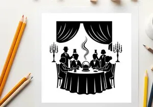 Silhouette of a formal dinner party with waiters and guests