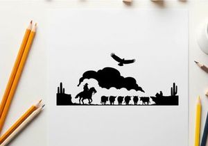 Western cowboy riding horse with sheep and eagle silhouette
