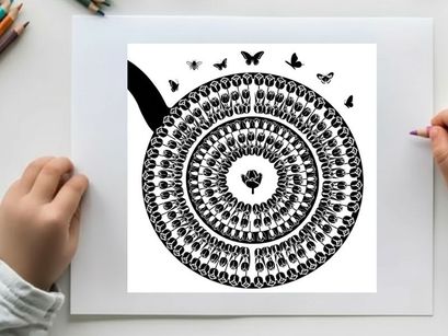 Silhouette of a butterfly garden scene with a spiral pattern