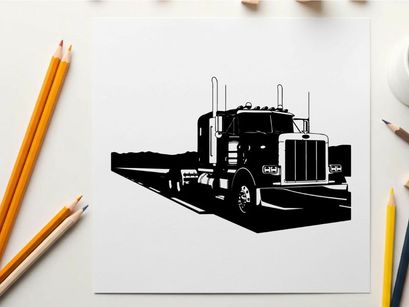 Semi truck silhouette driving on highway road with white background