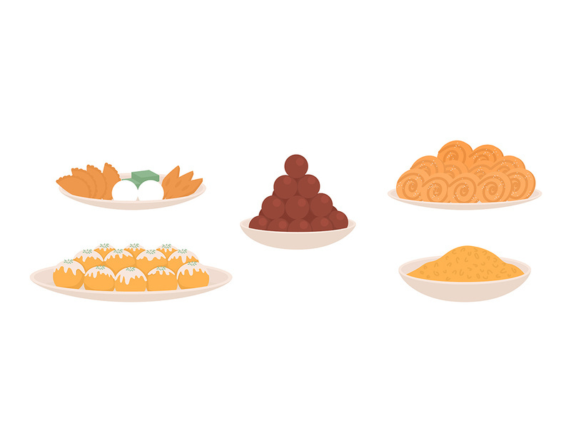 Traditional Diwali snacks semi flat color vector objects set